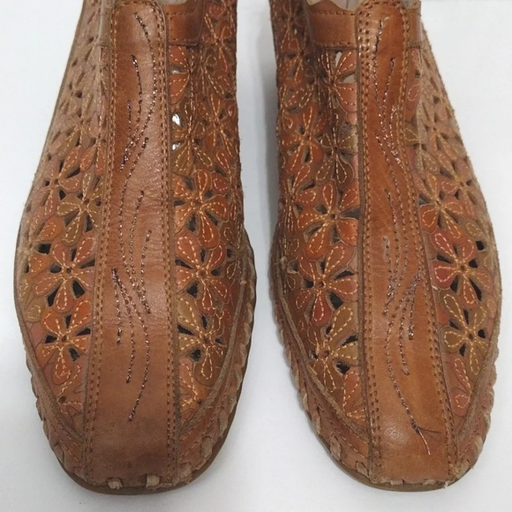 Pikolinos Floral Laser Cut Tan Leather Slingback Sandals US 6 Boho Summer Chic - Picture 5 of 15